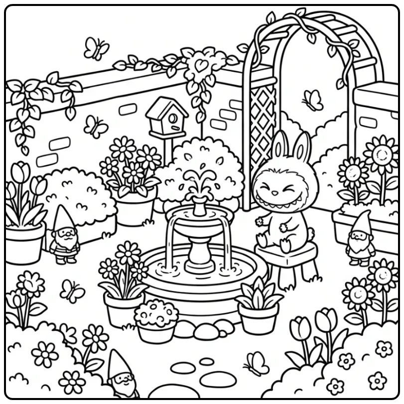 Cute Labubu with Fountain in a Quiet Garden coloring page