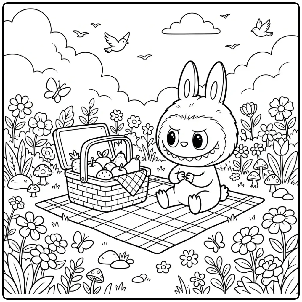 Cozy Cute Labubu Picnic in the Grass coloring page