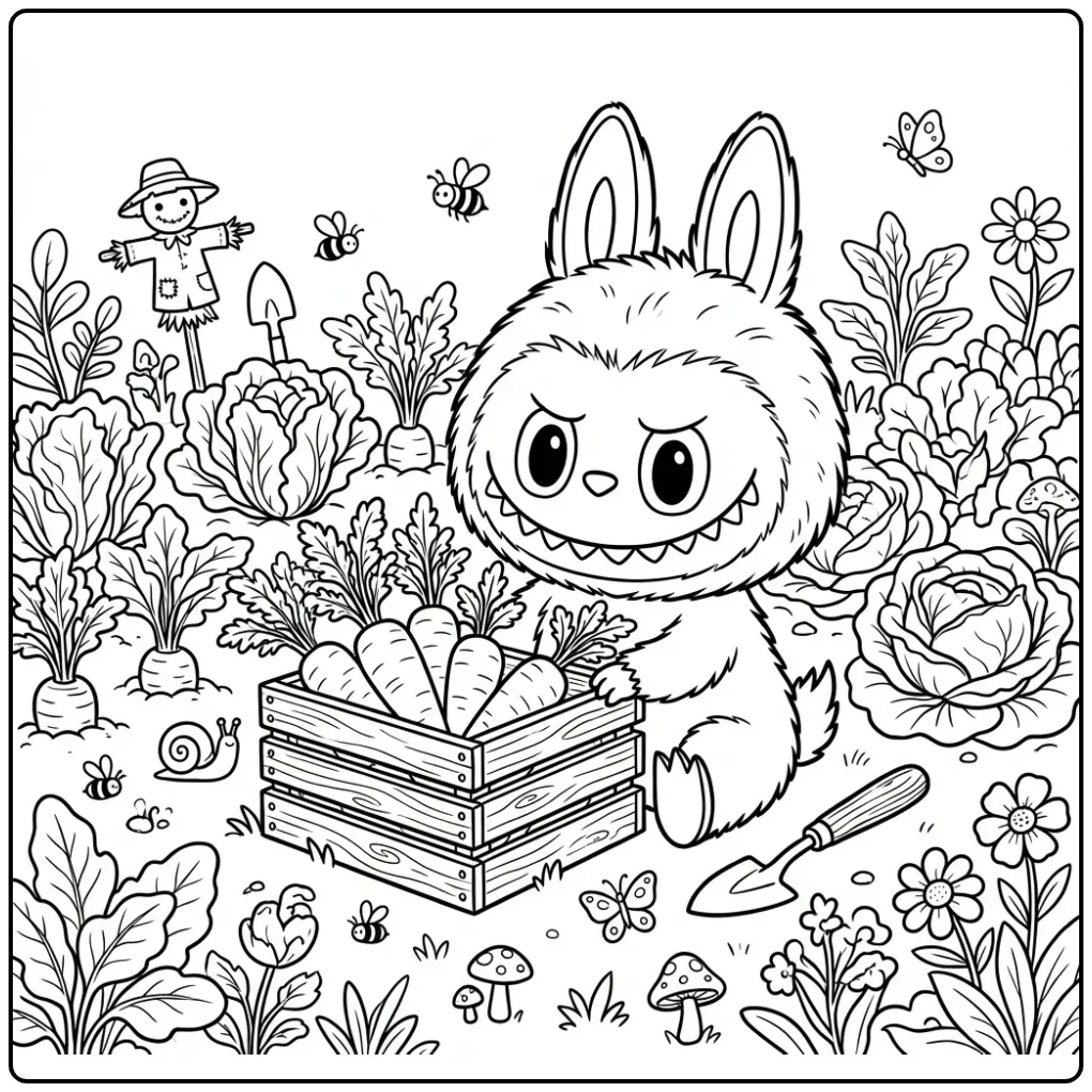Cute Labubu in the Vegetable Garden coloring page
