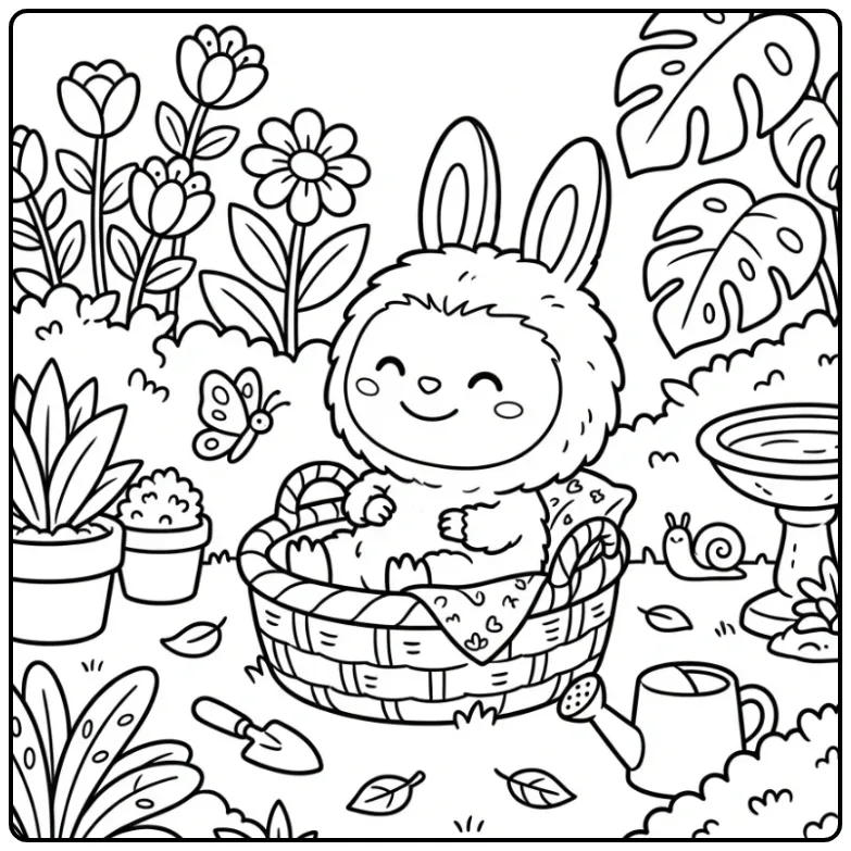 Cute Labubu in the Garden with a Butterfly coloring page