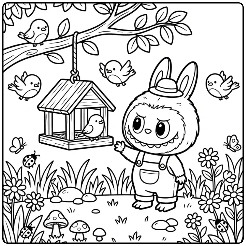 Cute Labubu in the Garden with Little Birds coloring page