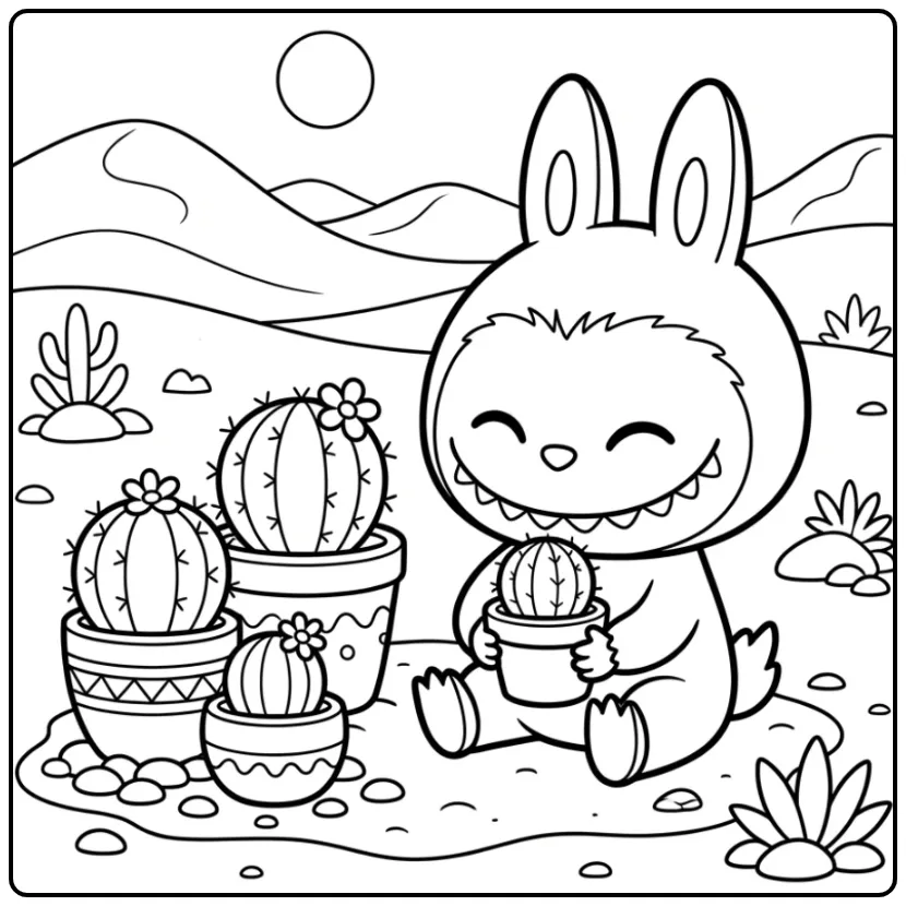 Cute Labubu in a Cozy Desert Garden coloring page