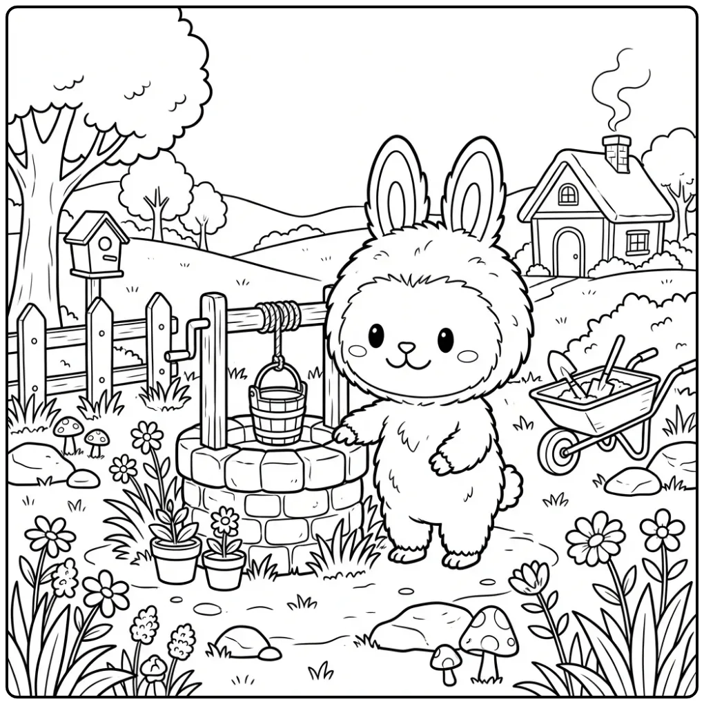 Cute Labubu in a Garden with an Old Well coloring page