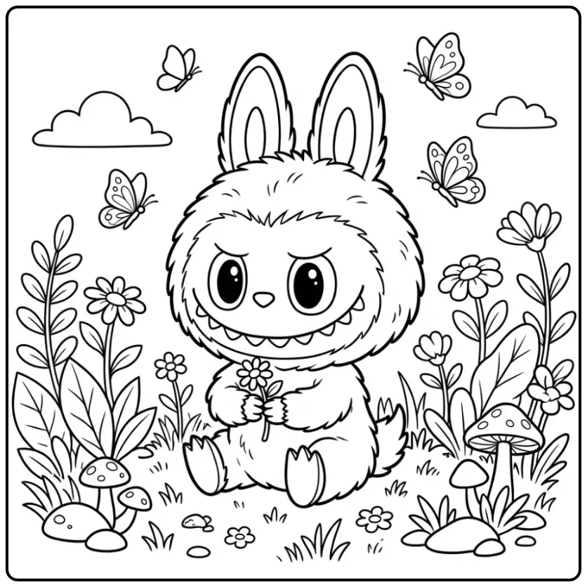 Cute Labubu in the Grass with Mushrooms coloring page
