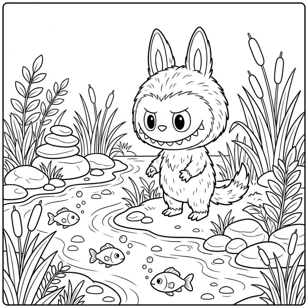 Cute Labubu with a Small Stream and Rocks coloring page