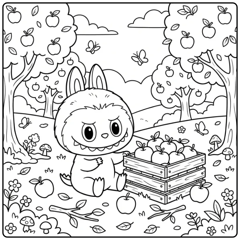 Cute Labubu with a Chest Full of Apples coloring page