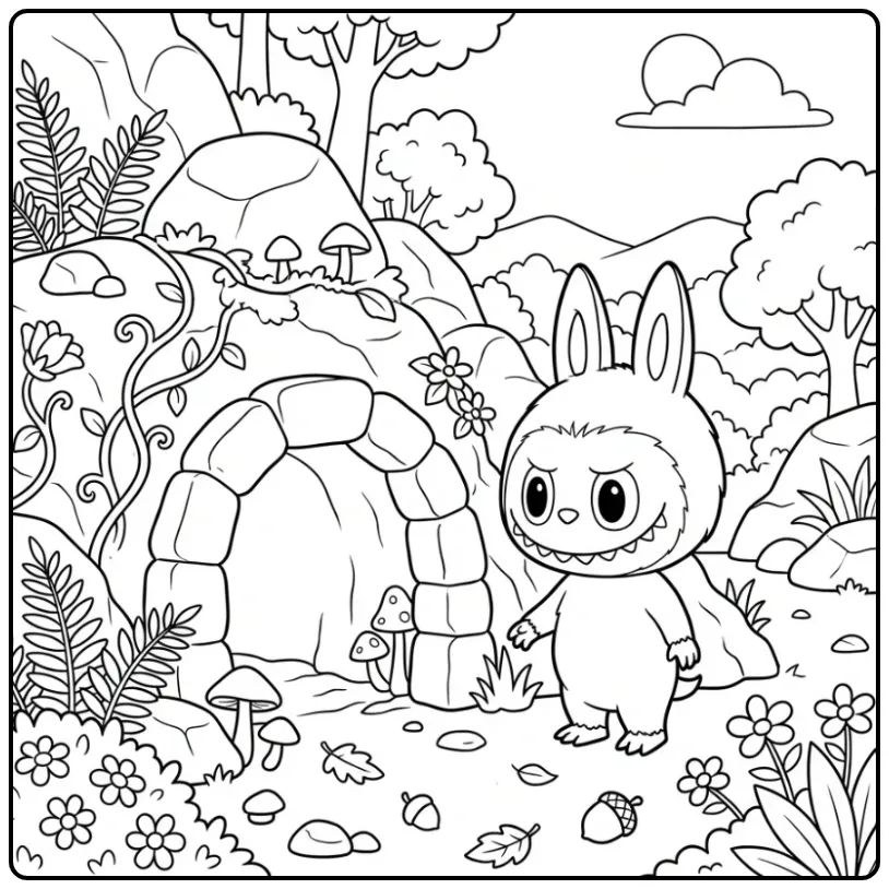 Cute Labubu with Cave and Nature coloring page