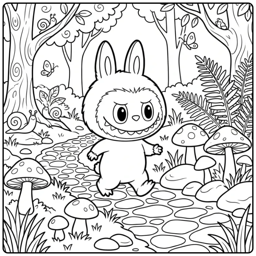 Cute Labubu with Mushrooms and Trees coloring page