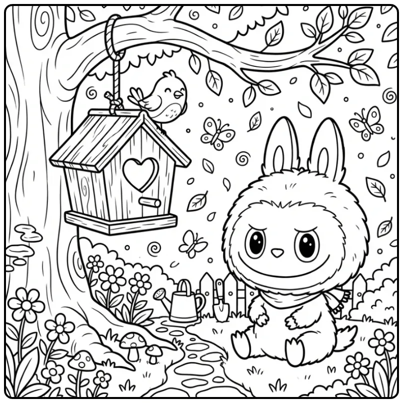 Cute Labubu with Birdhouse coloring page