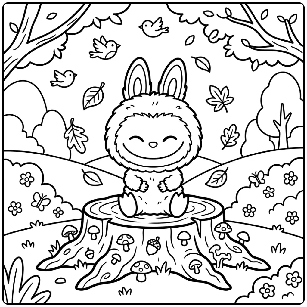 Cute Labubu with Birds and Autumn Leaves coloring page