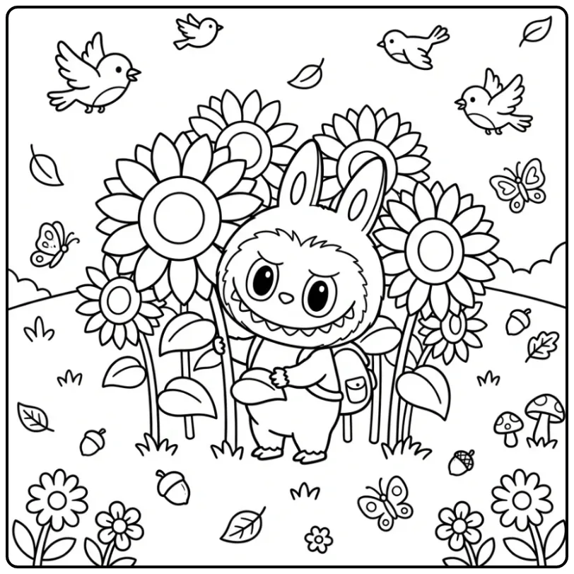 Cute Labubu with Sunflowers coloring page