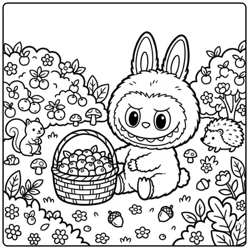 Cute Labubu Sitting Next to a Basket with Fruit coloring page