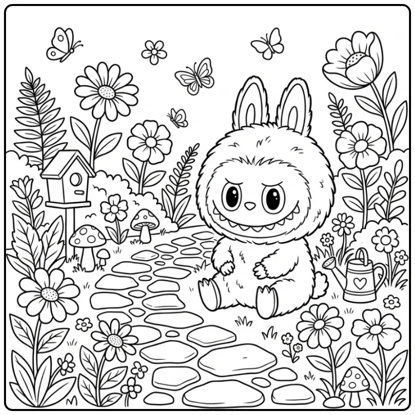 Cute Labubu Sitting Next to a Stone Path coloring page