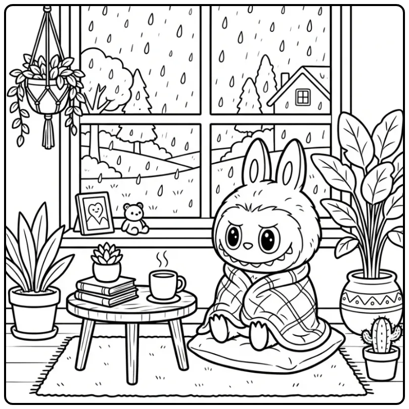 Cozy Labubu Sheltering from the Rain coloring page