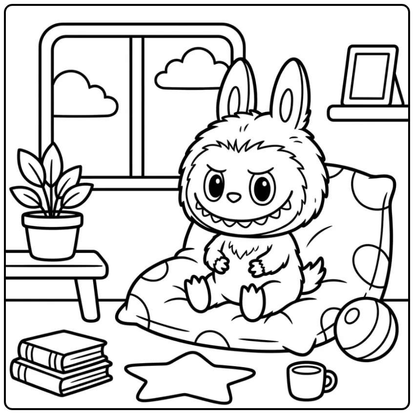 Easy Labubu with Toys and Small Plant coloring page