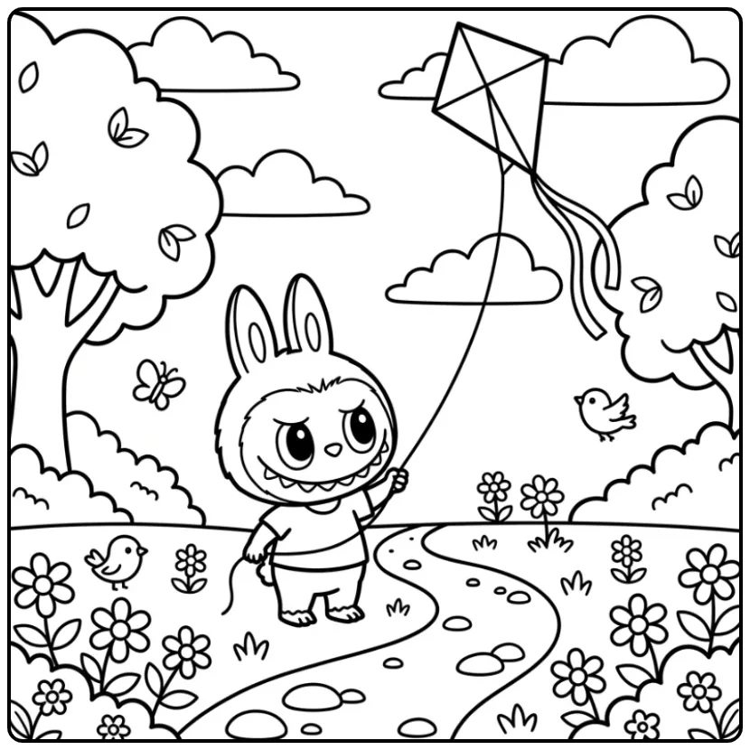Easy Labubu Flying a Kite in the Meadow coloring page