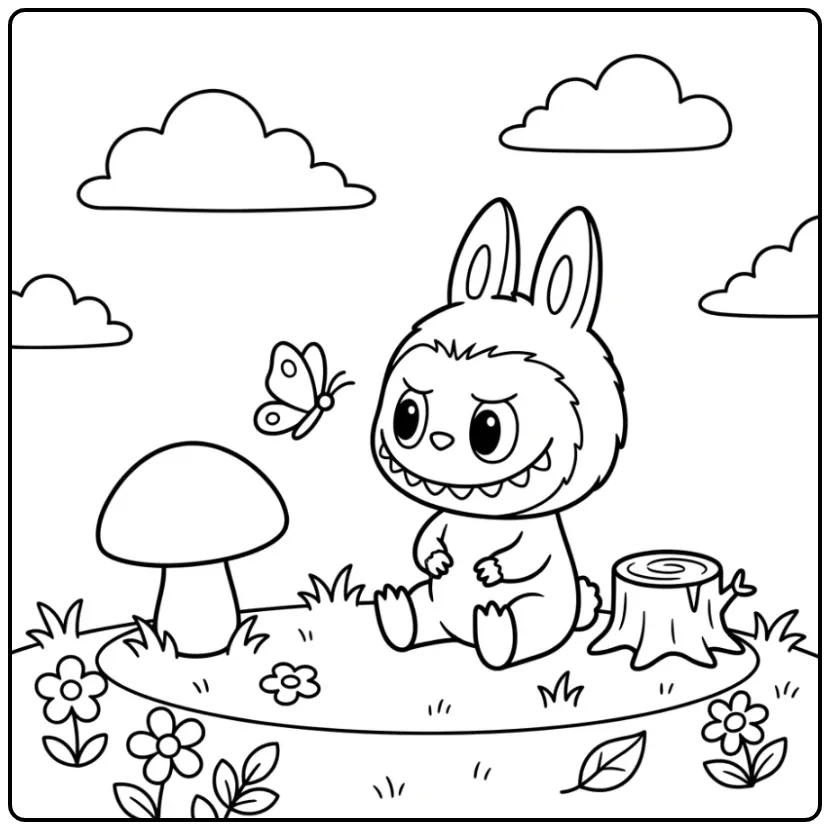 Easy Labubu Sitting with a Mushroom coloring page