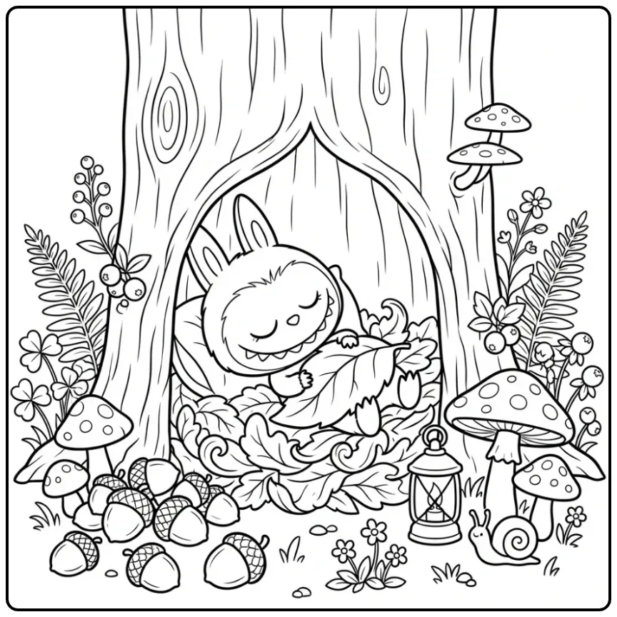 Labubu by a Hollow Tree with Acorns and Mushrooms coloring page