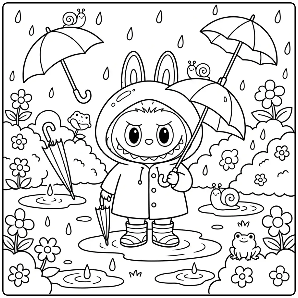 Labubu Wearing Clothes in a Rainy Garden coloring page