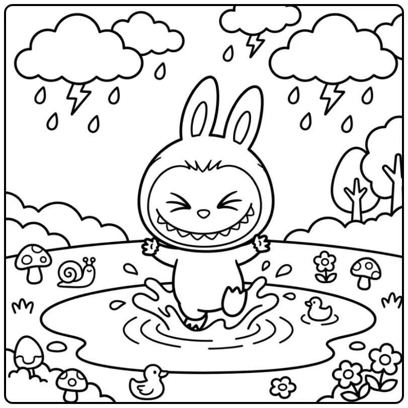 Labubu Clouds and Raindrops coloring page