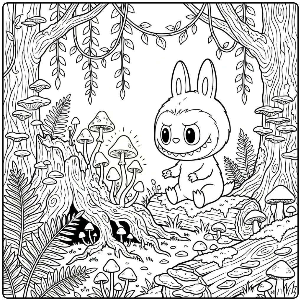 Detailed Labubu in an Enchanted Forest with Mushrooms coloring page