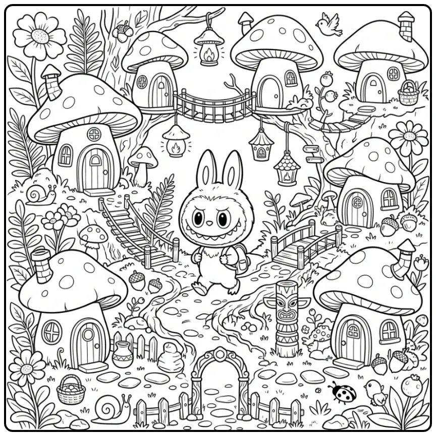 Detailed Labubu in a Magical Forest Village coloring page