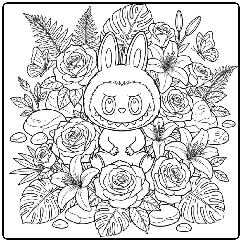 Detailed Labubu with Roses and Butterflies in a Garden coloring page