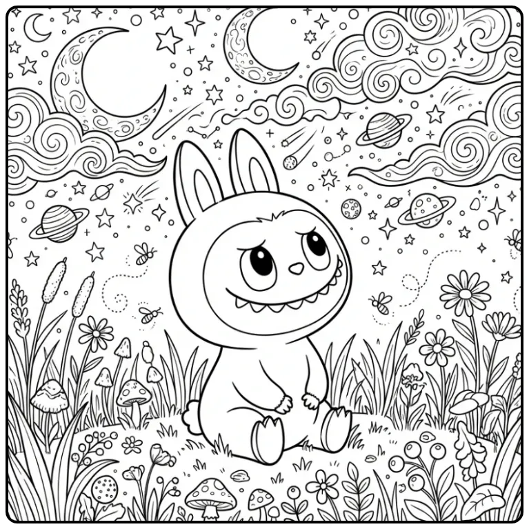 Detailed Labubu with a Nighttime Sky and Flowers coloring page