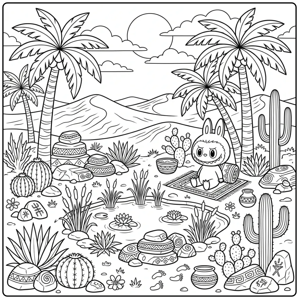 Detailed Labubu at an Oasis with Palm Trees and Sand coloring page