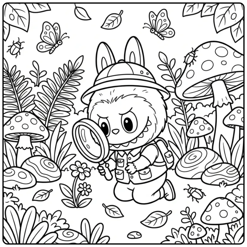 Detailed Labubu Garden Adventure with a Magnifying Glass coloring page