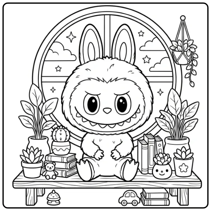 Labubu Pop with Books by a Round Window coloring page