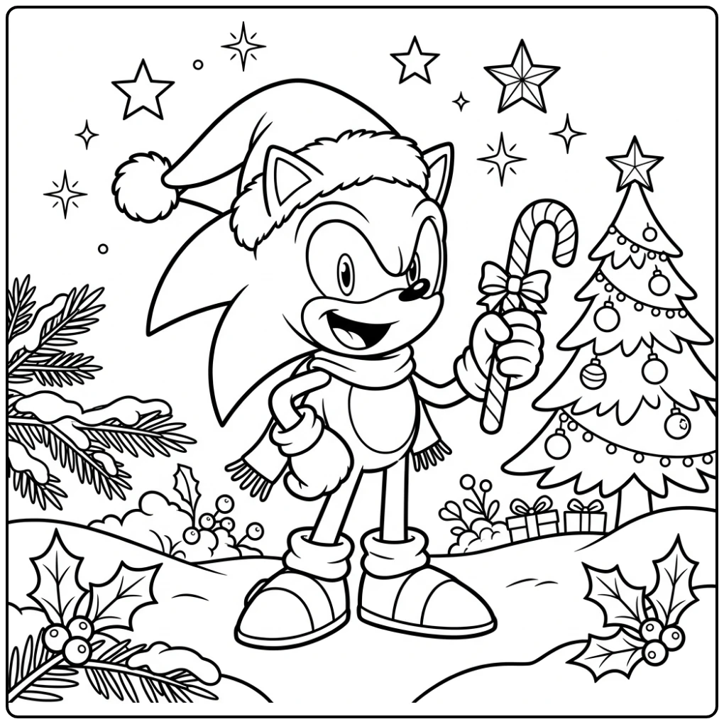 Smiling with Candy Cane and Party Hat a Sonic Christmas coloring page