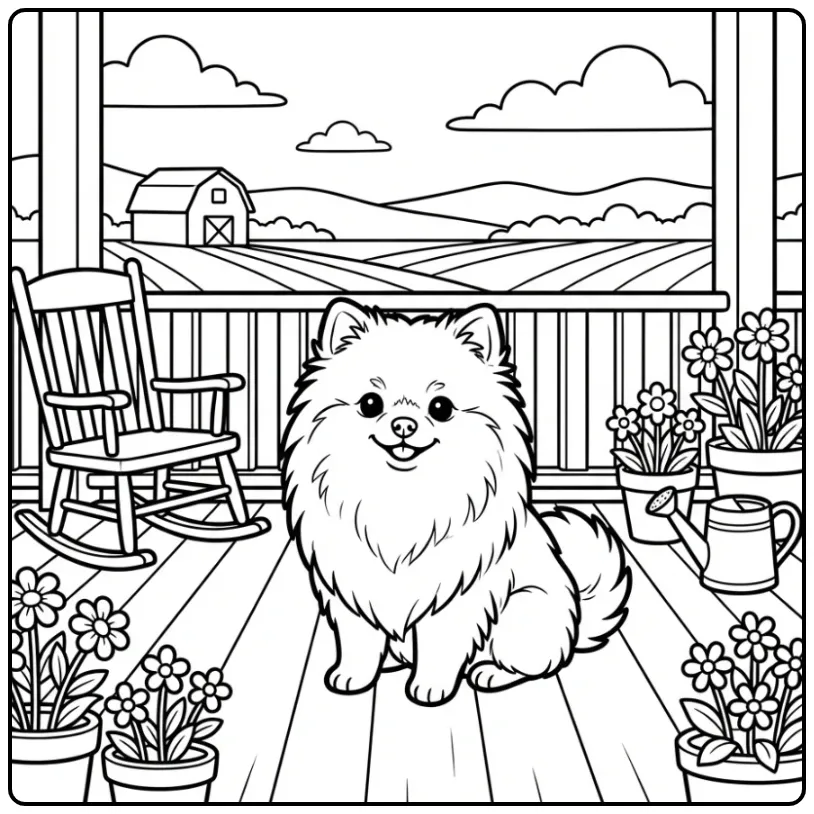 Country Pomeranian on the Veranda coloring page