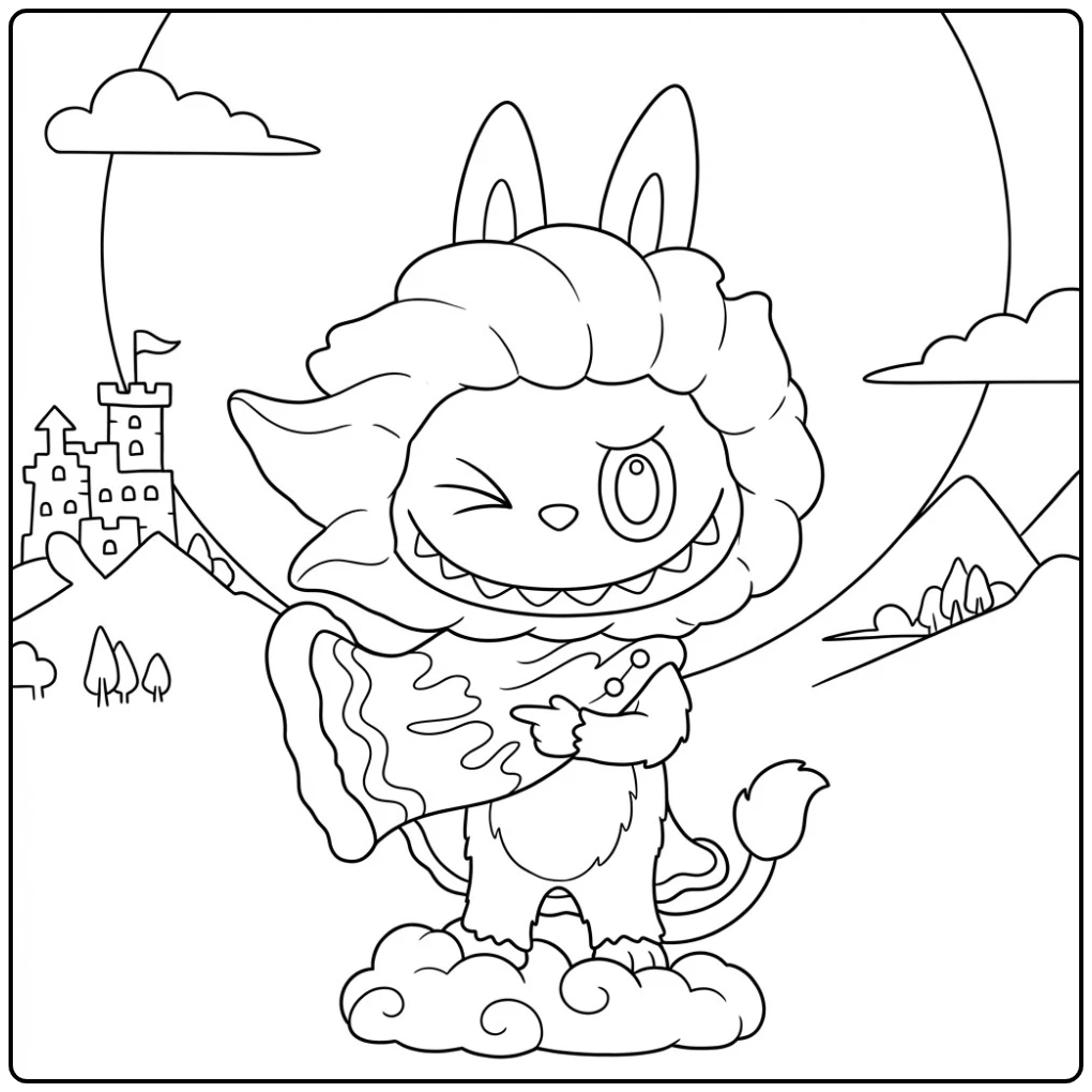 Tough Lion on Cloud with a Castle coloring page