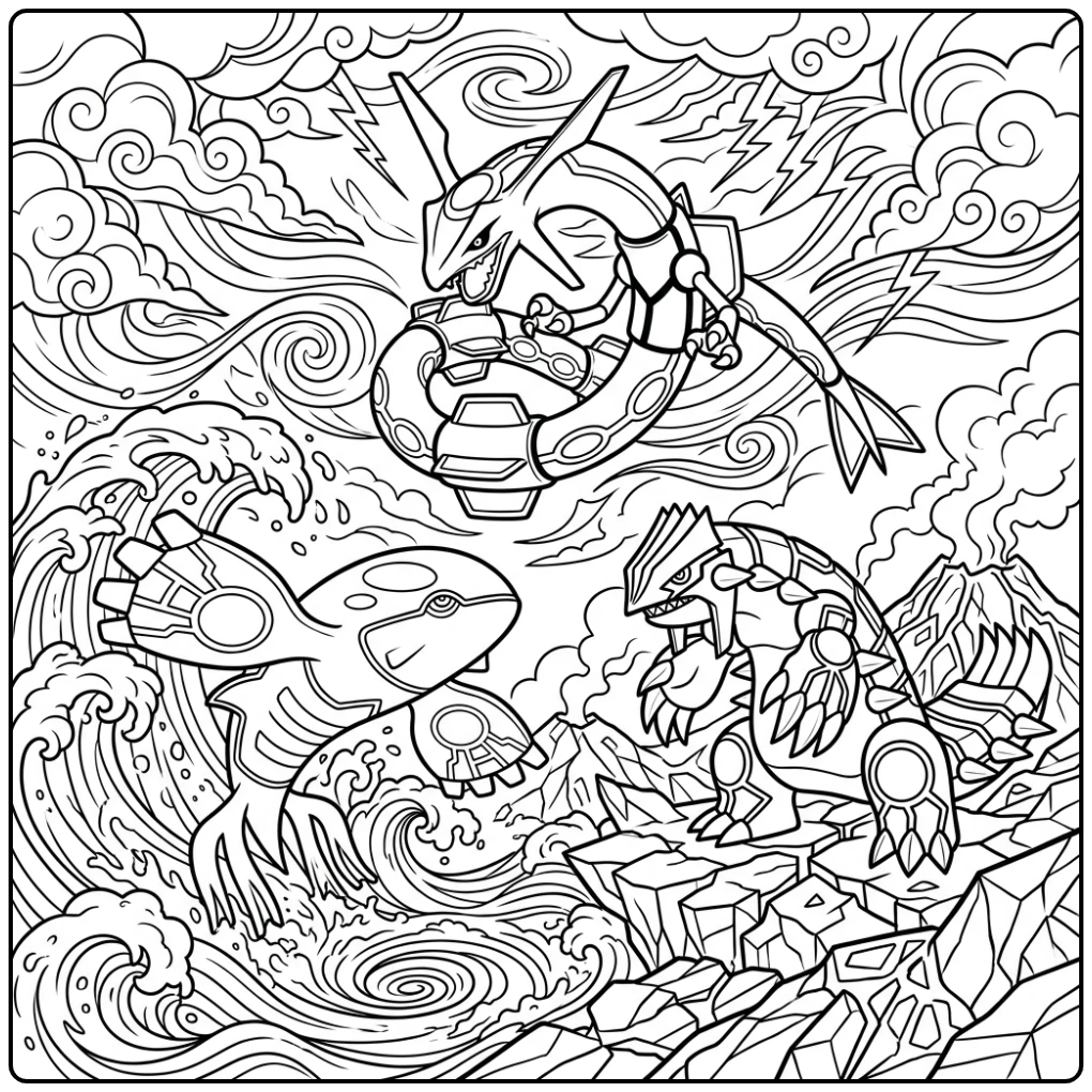 Legendary Pokemon Detailed Battle Rayquaza Trio coloring page