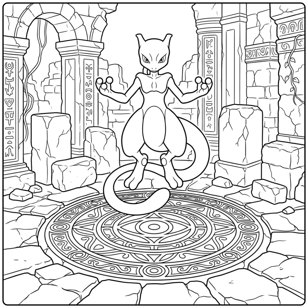 Legendary Mewtwo Above a Magical Symbol coloring page
