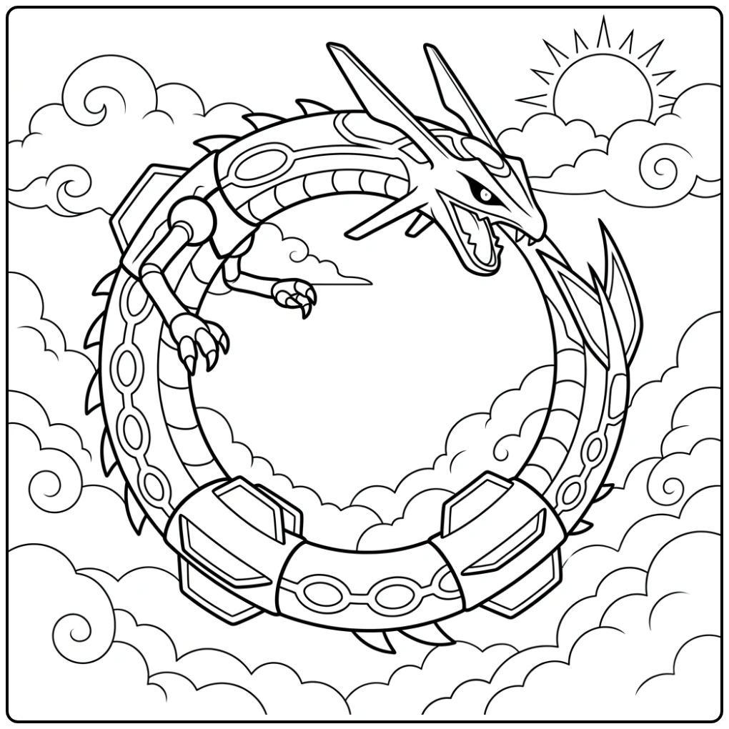 Legendary Rayquaza Dragon in the Sky Circle coloring page