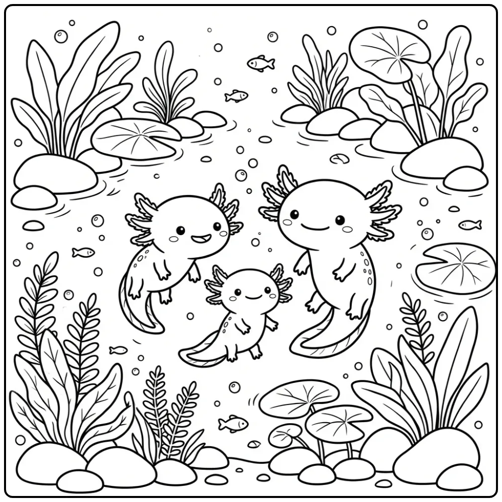 Three Fun Axolotls in a Pond coloring page