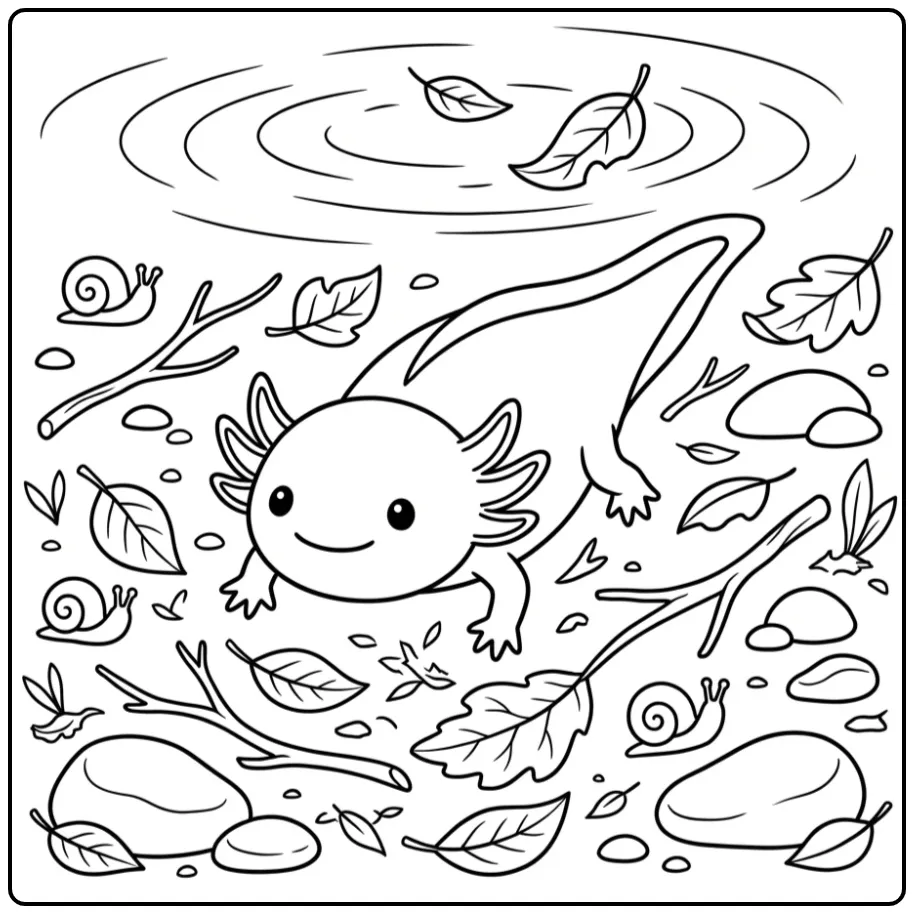 Fun Axolotl with Leaves and Nature Details coloring page