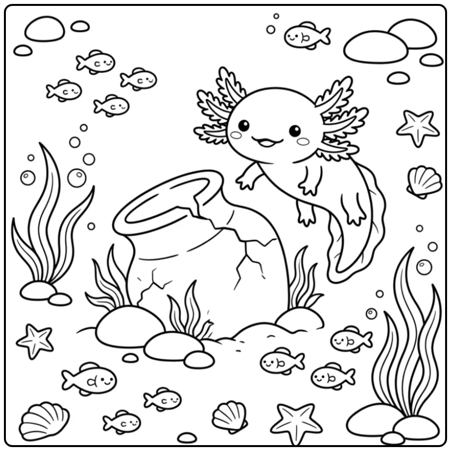 Fun Axolotl with Fish and Water Plants coloring page
