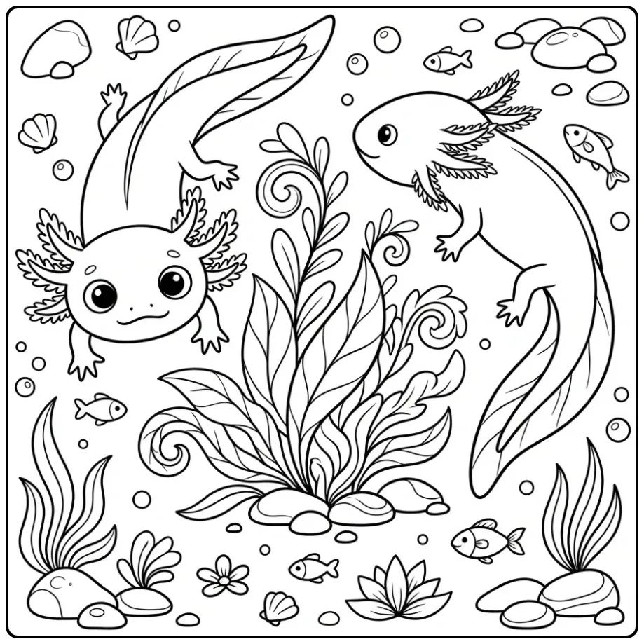 Fun Axolotl with Fish and Water Plants coloring page