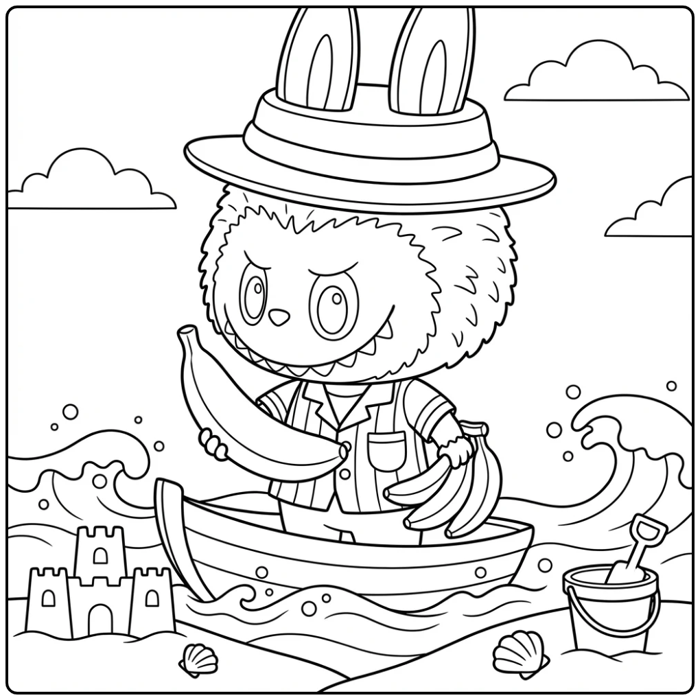 Fun Banana Labubu on the Beach coloring page