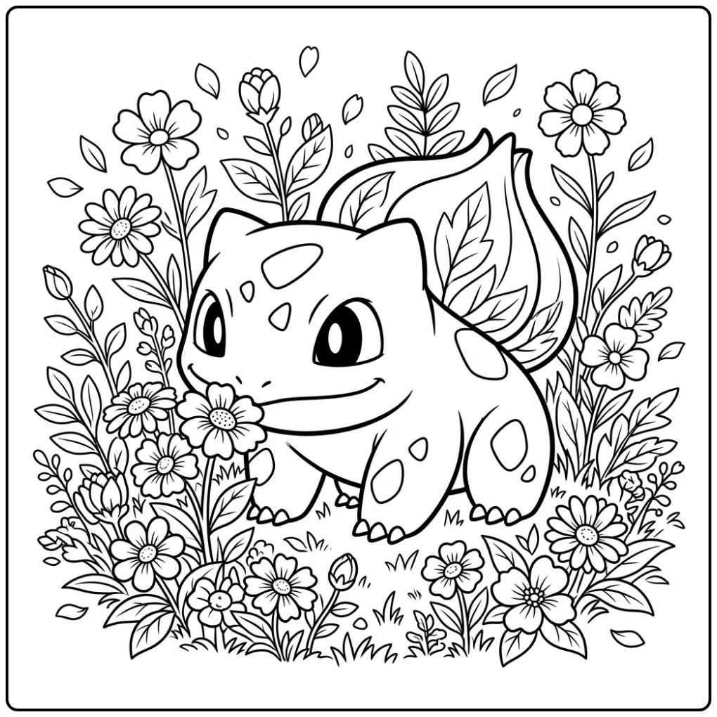 Fun Bulbasaur in a Field with Blooming Flowers coloring page