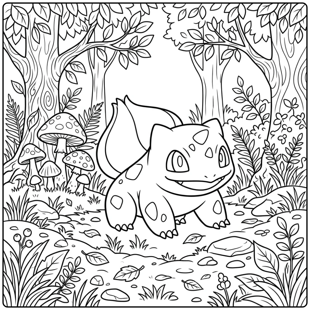 Fun Bulbasaur in the Forest with Leaves coloring page