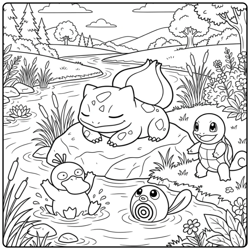 Fun Bulbasaur Playing with Pokemon by the Water coloring page