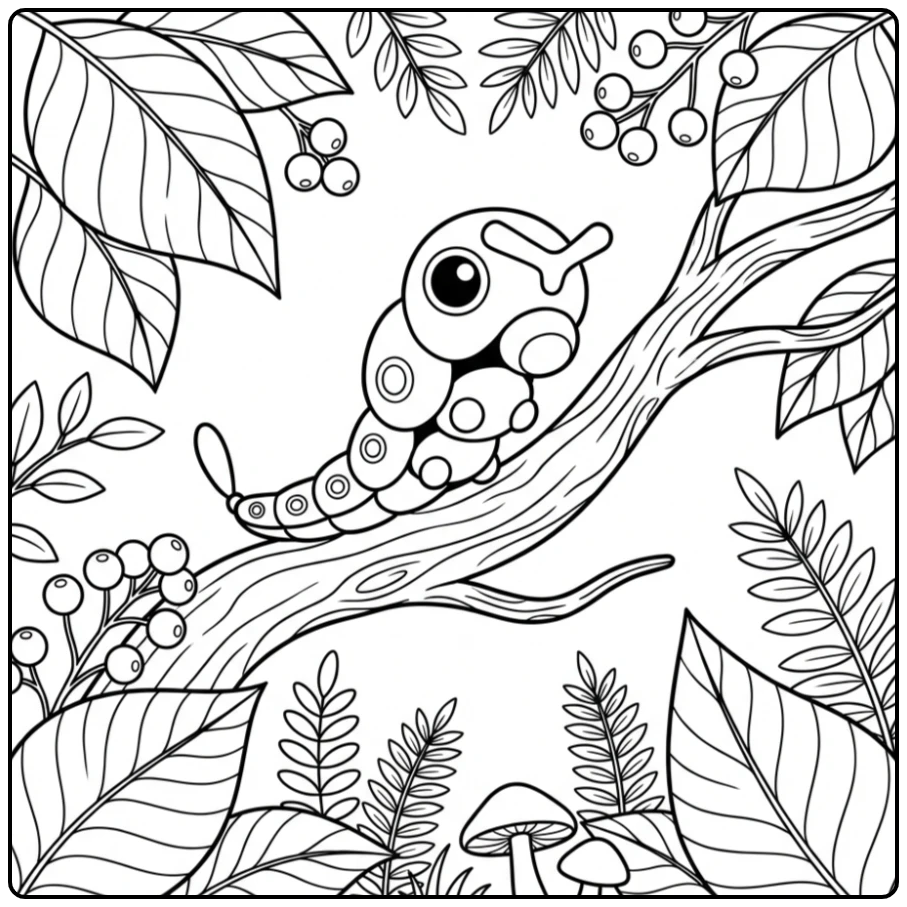 Fun Caterpie in a Magical Forest with Leaves coloring page