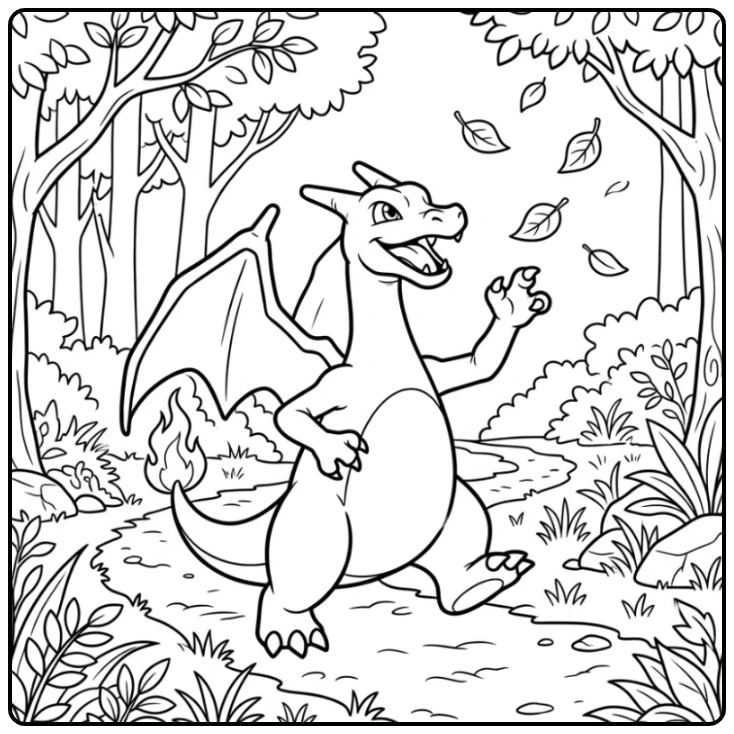 Fun Charizard Playfully Chasing Leaves in the Forest coloring page