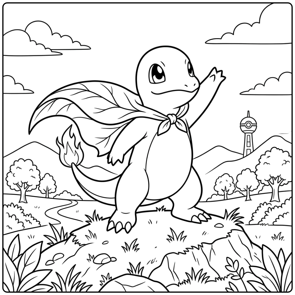 Fun Charmander as Hero with Cape coloring page