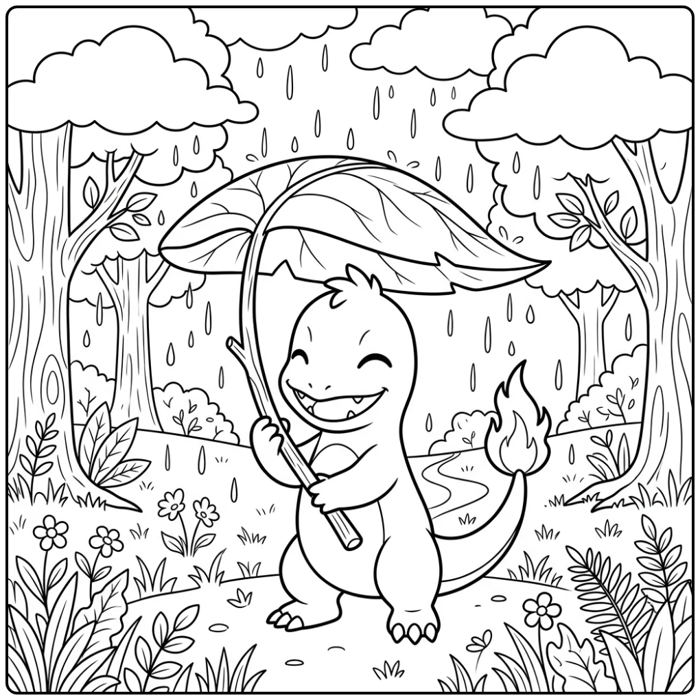 Fun Charmander in the Rain with a Leaf coloring page
