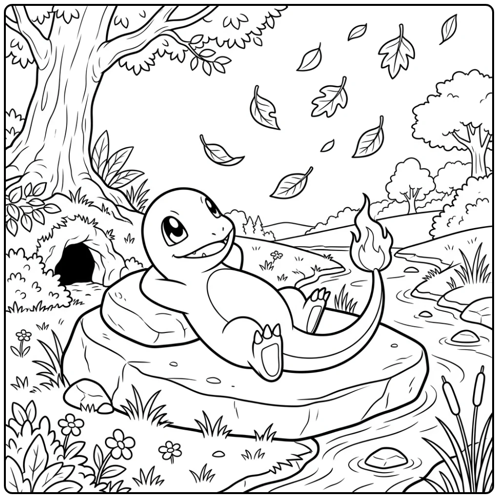 Fun Charmander Looking Toward Leaves coloring page